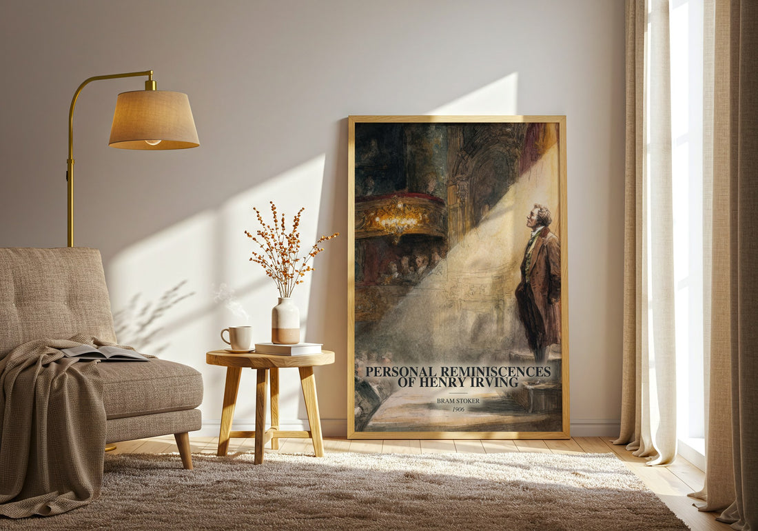 Personal Reminiscences Of Henry Irving watercolour print in frame leaning in hallway – memoir wall art (mockup)