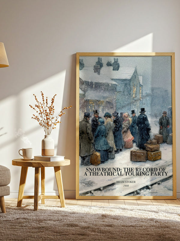 Snowbound: The Record Of A Theatrical Touring Party watercolour print in frame leaning in hallway – horror wall art