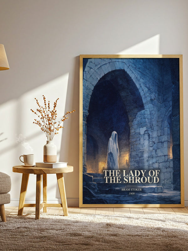 The Lady Of The Shroud watercolour print in frame leaning in hallway – gothic wall art