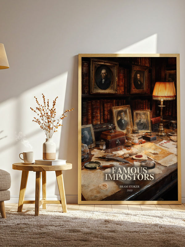 Famous Impostors watercolour print in frame leaning in hallway – non fiction wall art