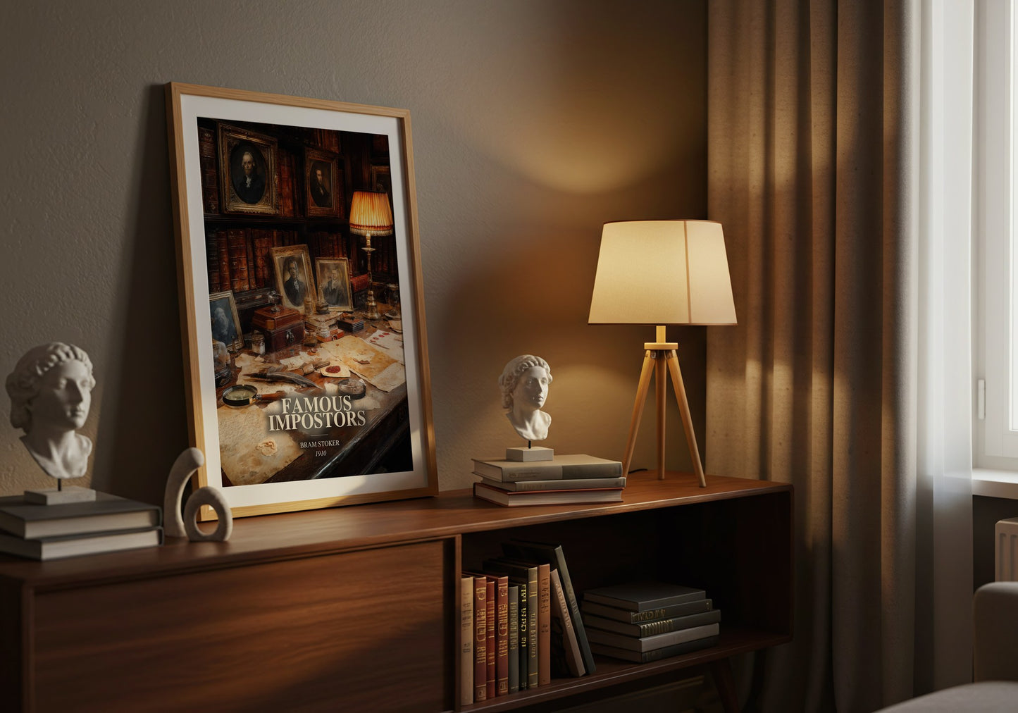 Famous Impostors watercolour print on bookshelf – Bram Stoker fan gift