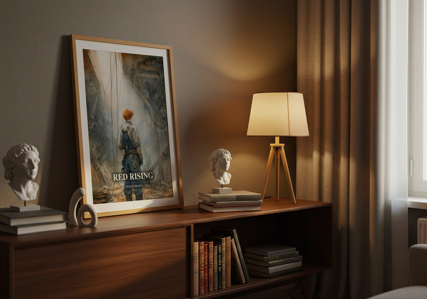Red Rising watercolour print on bookshelf – Pierce Brown fan gift