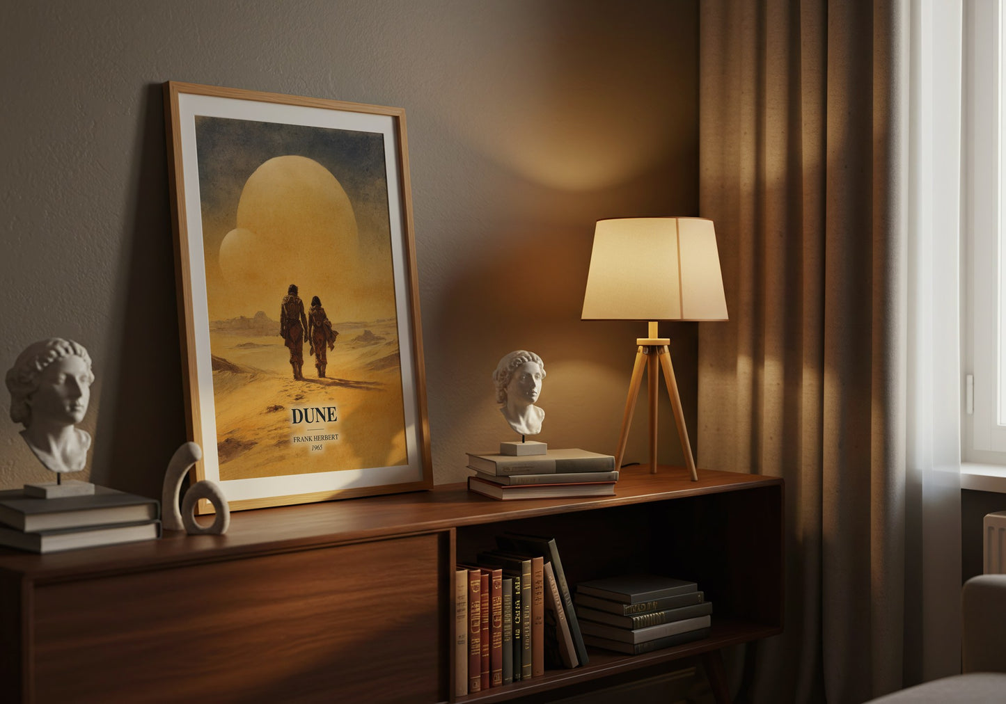 Dune watercolour print on bookshelf – Frank Herbert fan gift