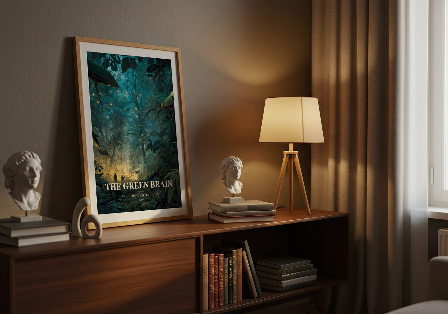 The Green Brain watercolour print on bookshelf – Frank Herbert fan gift