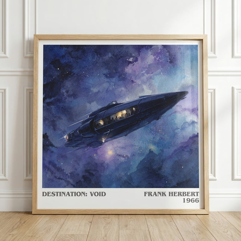 Destination: Void literary print in frame leaning in hallway – sci fi wall art