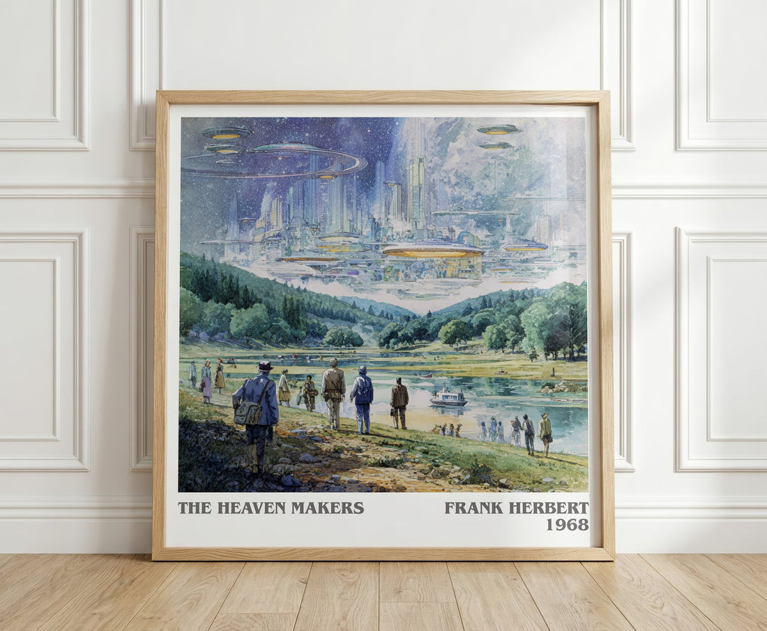 The Heaven Makers literary print in frame leaning in hallway – sci fi wall art (mockup)