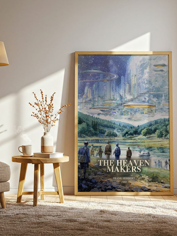 The Heaven Makers watercolour print in frame leaning in hallway – sci fi wall art