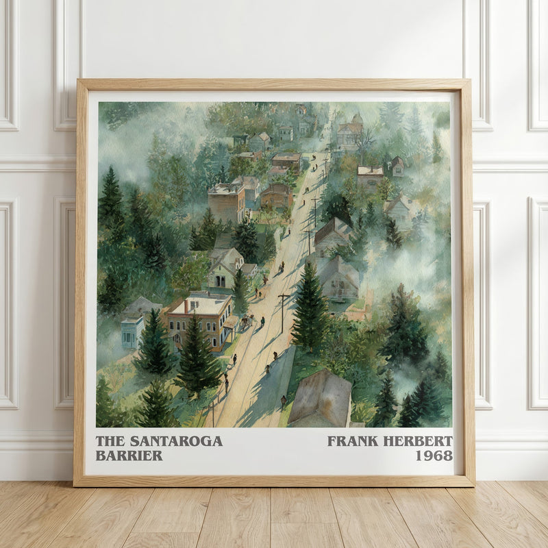 The Santaroga Barrier literary print in frame leaning in hallway – sci fi wall art