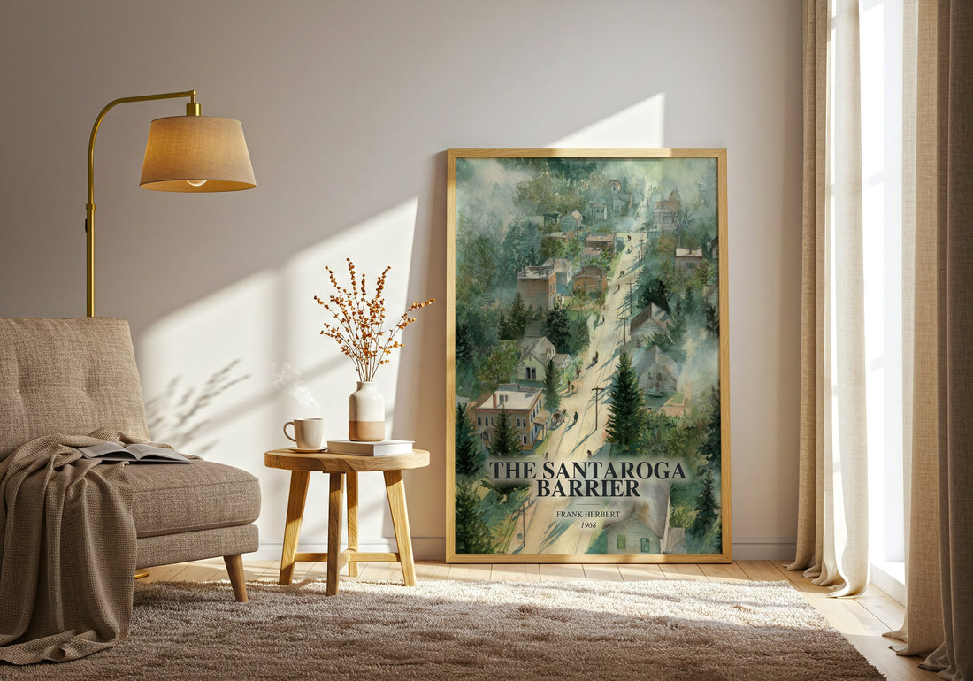 The Santaroga Barrier watercolour print in frame leaning in hallway – sci fi wall art (mockup)