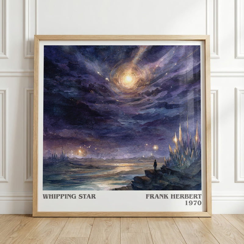 Whipping Star literary print in frame leaning in hallway – sci fi wall art