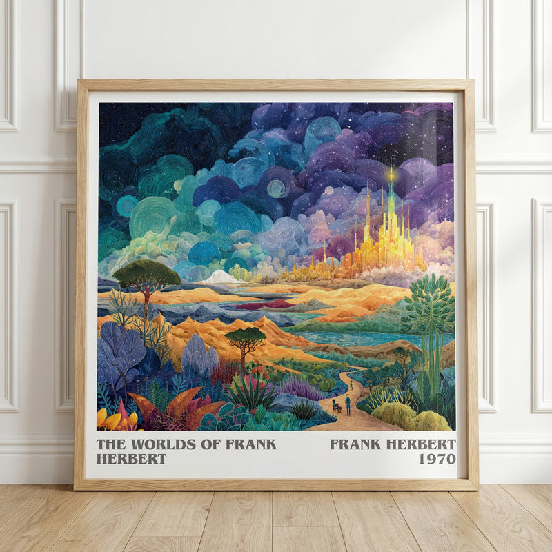 The Worlds of Frank Herbert literary print in frame leaning in hallway – sci fi wall art