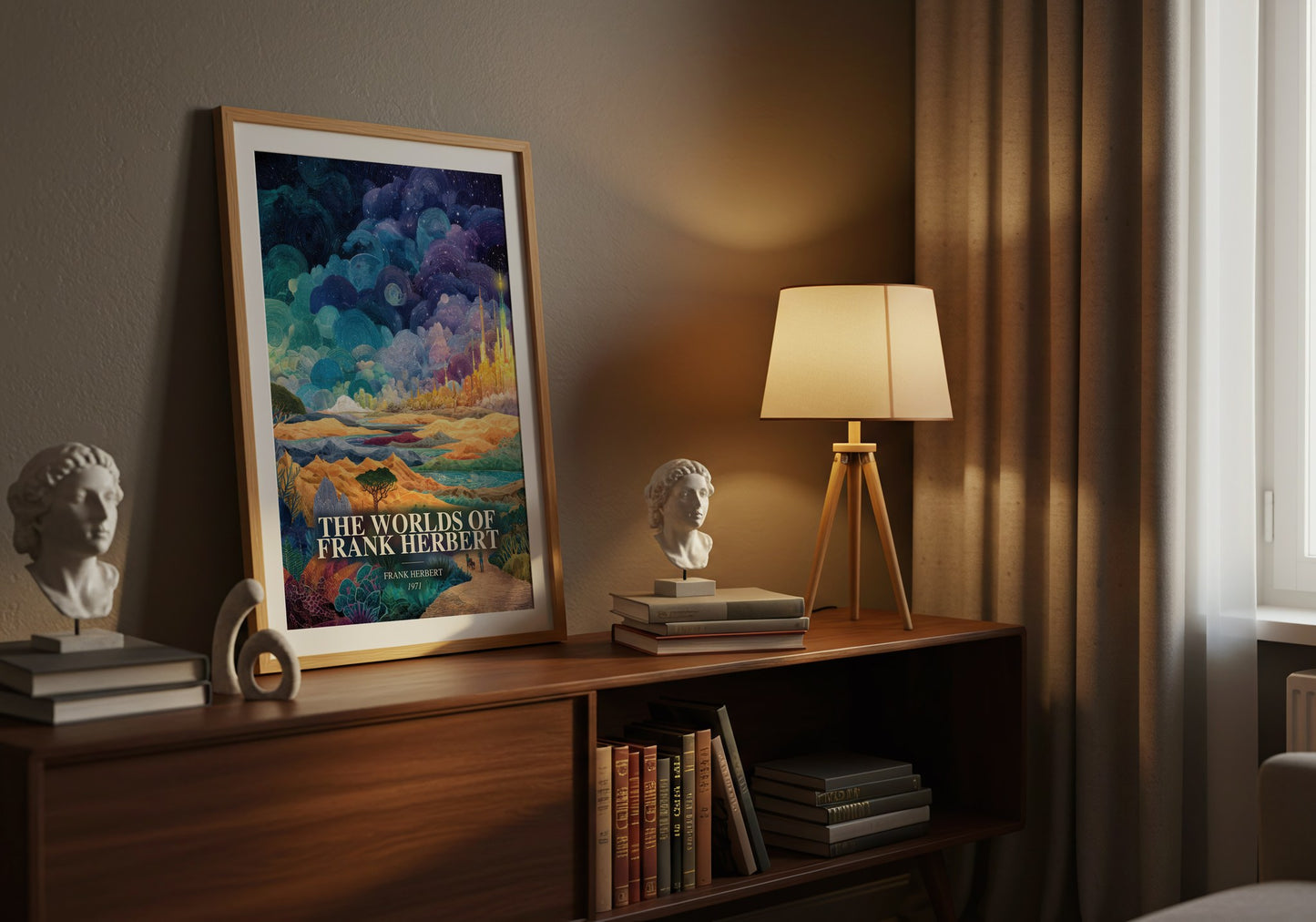 The Worlds Of Frank Herbert watercolour print on bookshelf – Frank Herbert fan gift