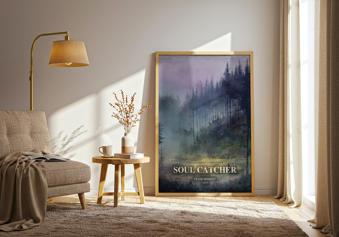 Soul Catcher watercolour print in frame leaning in hallway – literary fiction wall art (mockup)