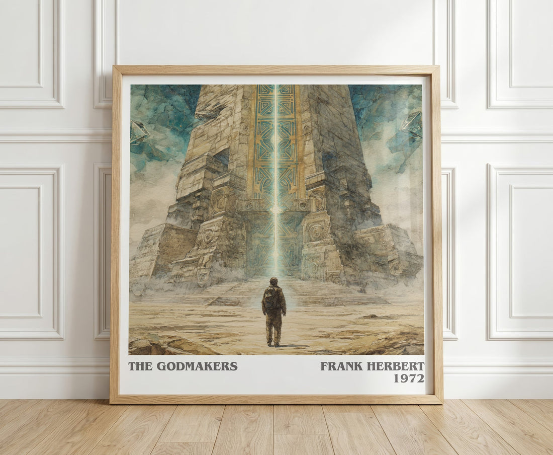 The Godmakers literary print in frame leaning in hallway – historical fiction wall art (mockup)