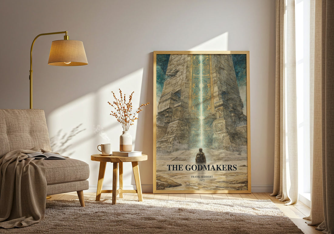 The Godmakers watercolour print in frame leaning in hallway – sci fi wall art (mockup)