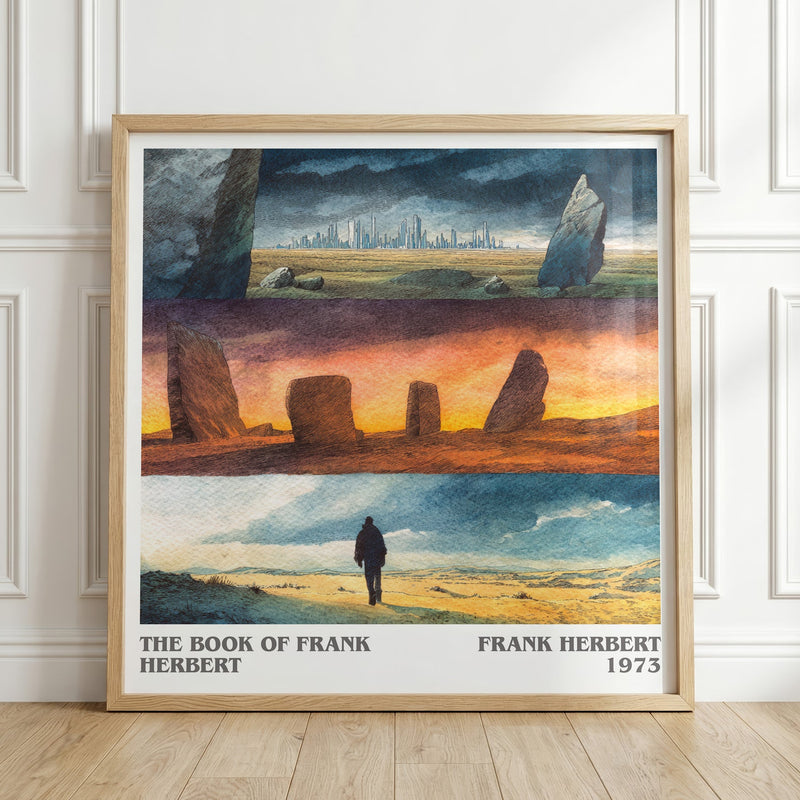 The Book of Frank Herbert literary print in frame leaning in hallway – sci fi wall art