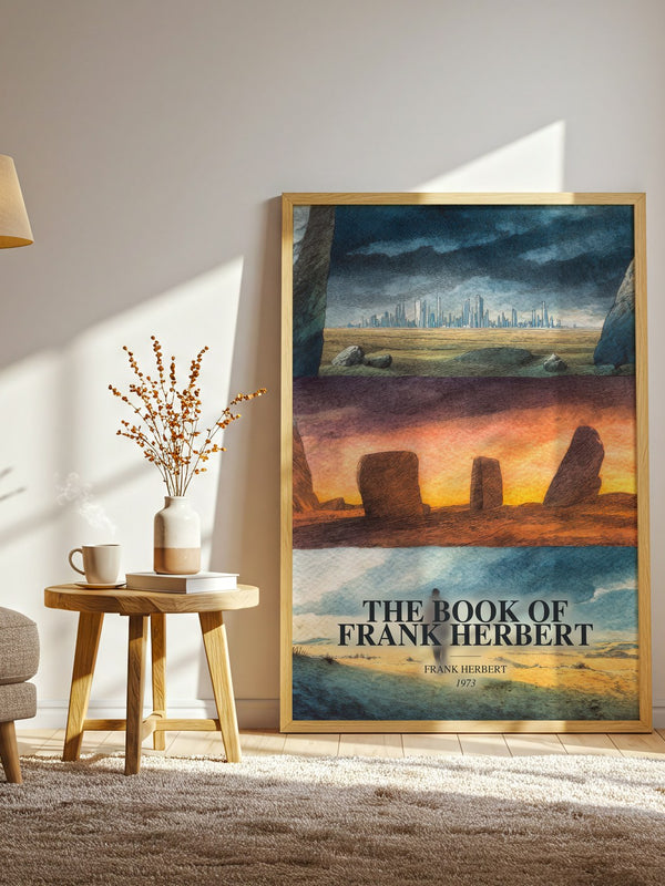 The Book Of Frank Herbert watercolour print in frame leaning in hallway – sci fi wall art