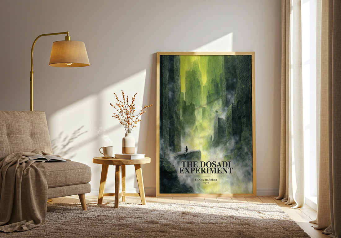 The Dosadi Experiment watercolour print in frame leaning in hallway – sci fi wall art (mockup)