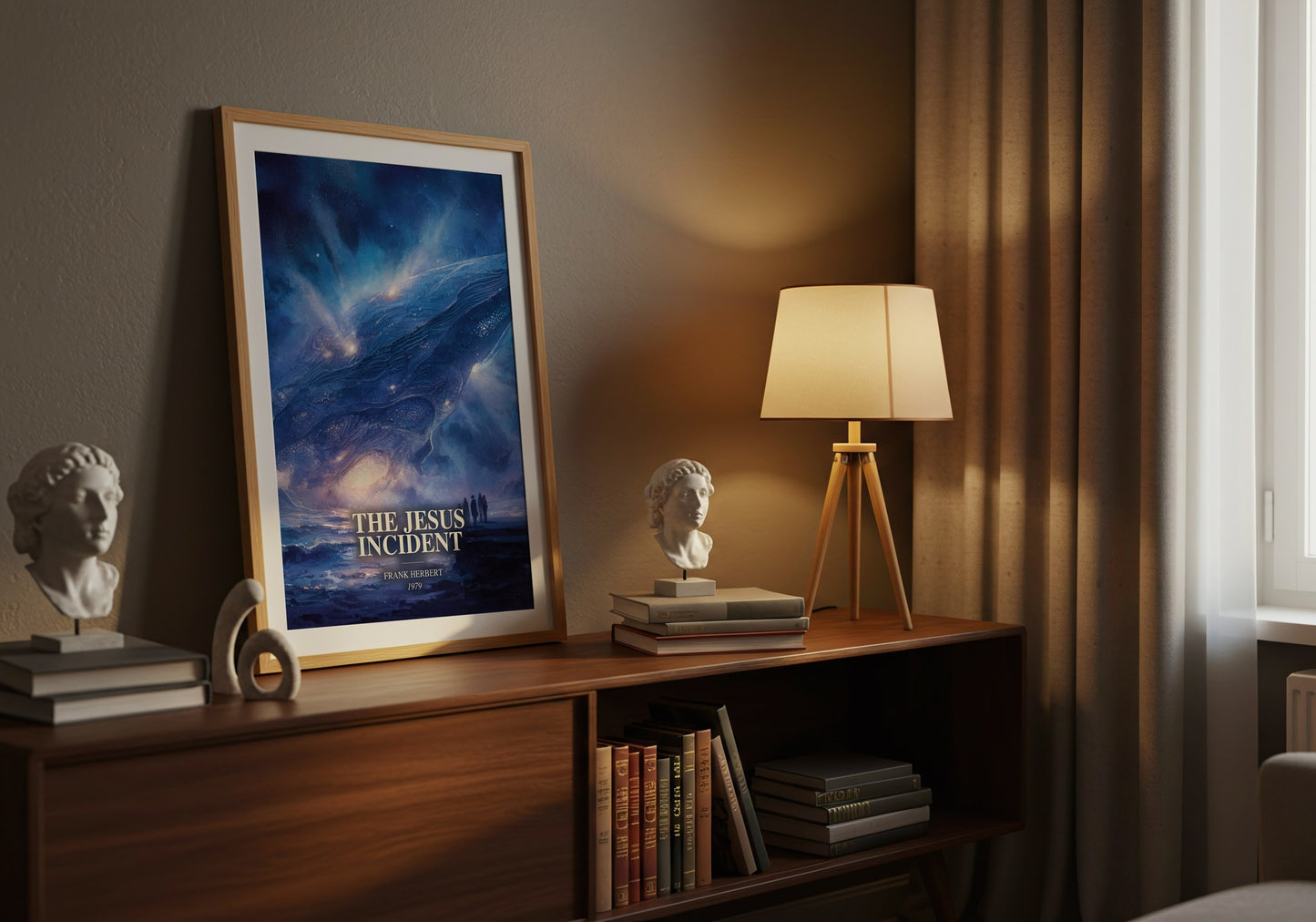 The Jesus Incident watercolour print on bookshelf – Frank Herbert fan gift