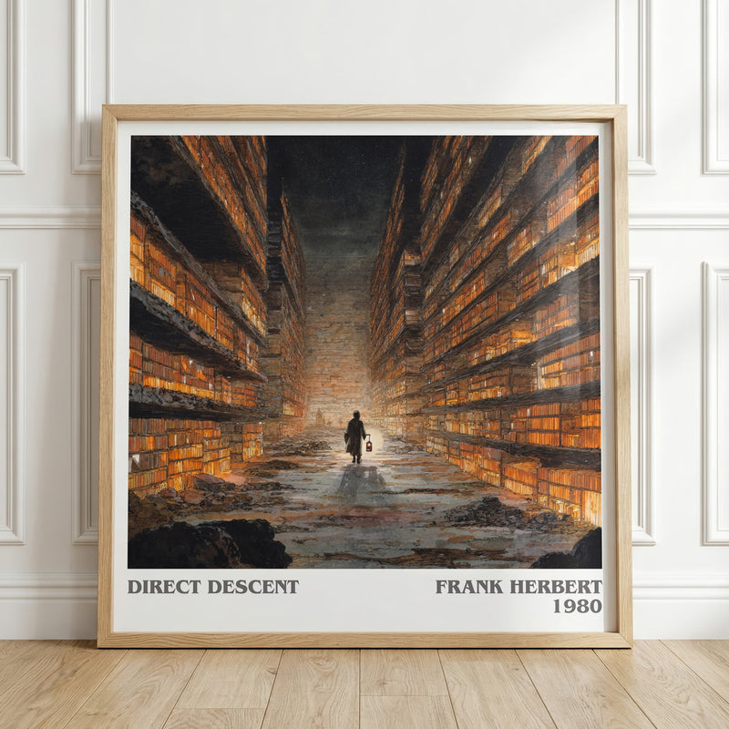 Direct Descent literary print in frame leaning in hallway – sci fi wall art