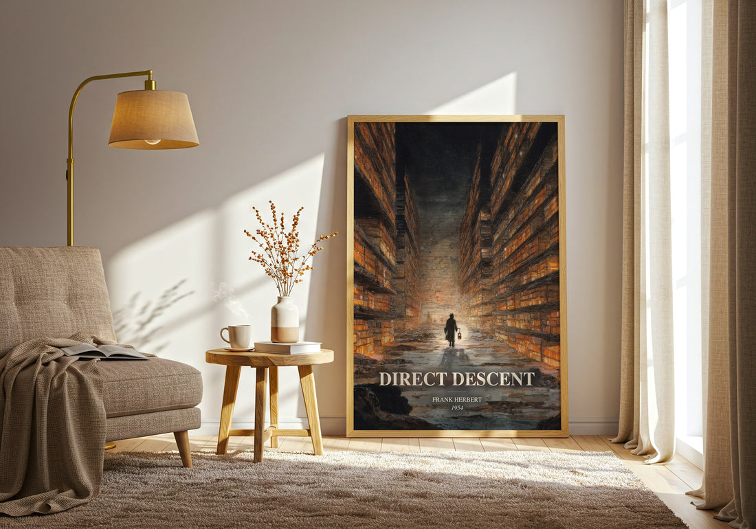 Direct Descent watercolour print in frame leaning in hallway – sci fi wall art (mockup)