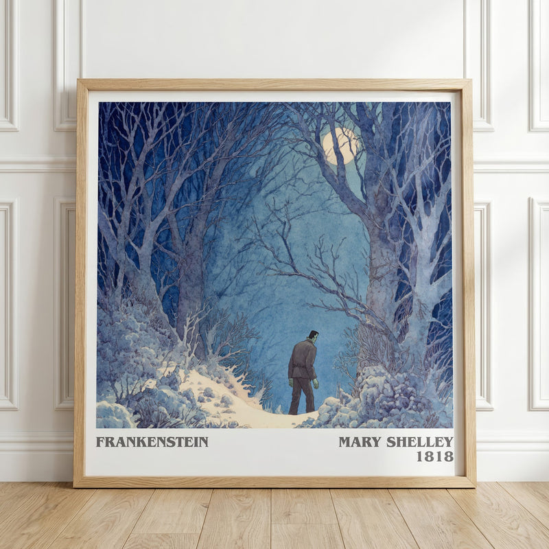 Frankenstein literary print in frame leaning in hallway – sci fi wall art