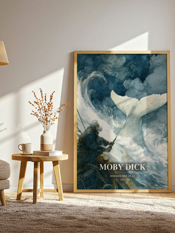 Moby Dick watercolour print in frame leaning in hallway – classic literature wall art