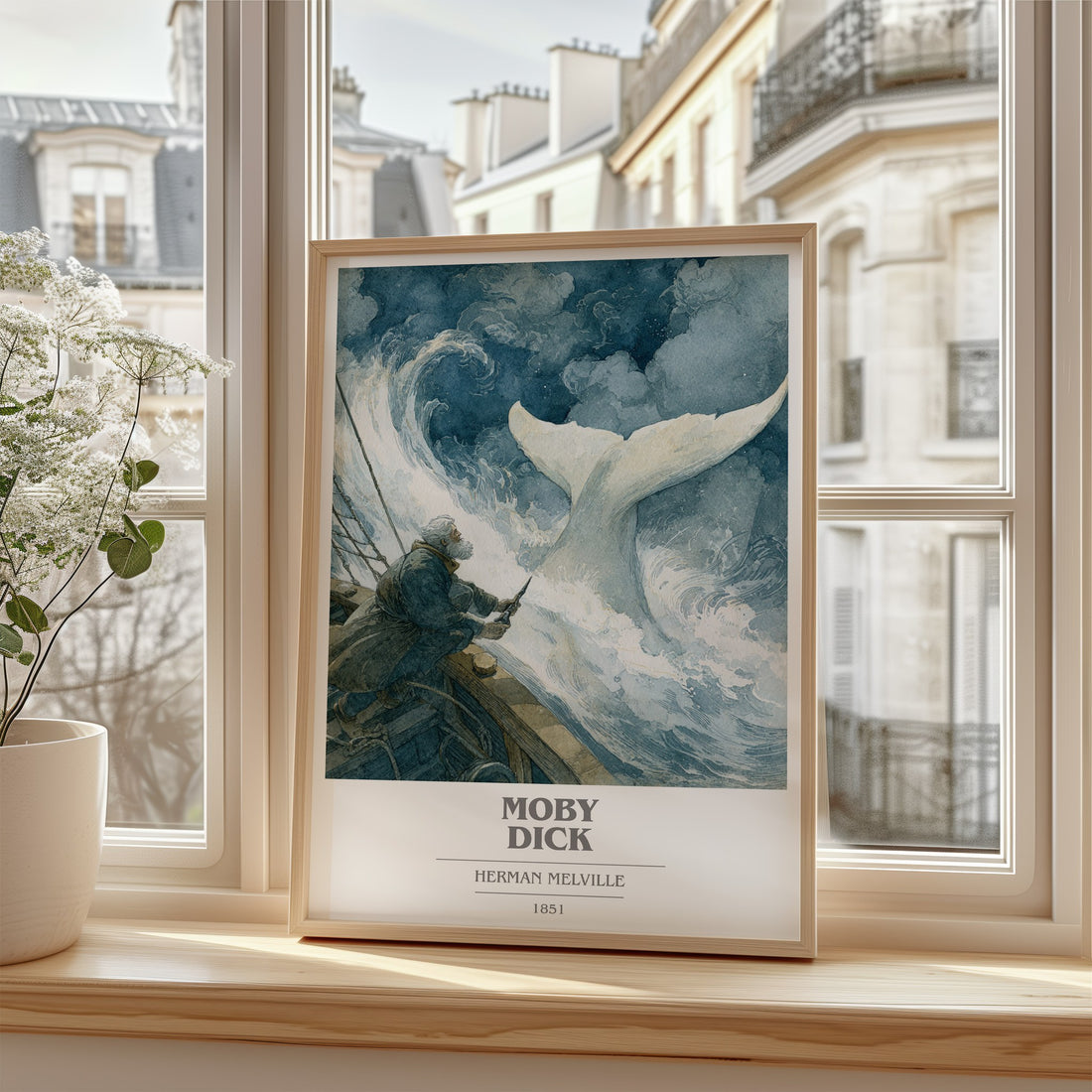 Moby Dick Book Cover Poster by Herman Melville – framed print by a bright window