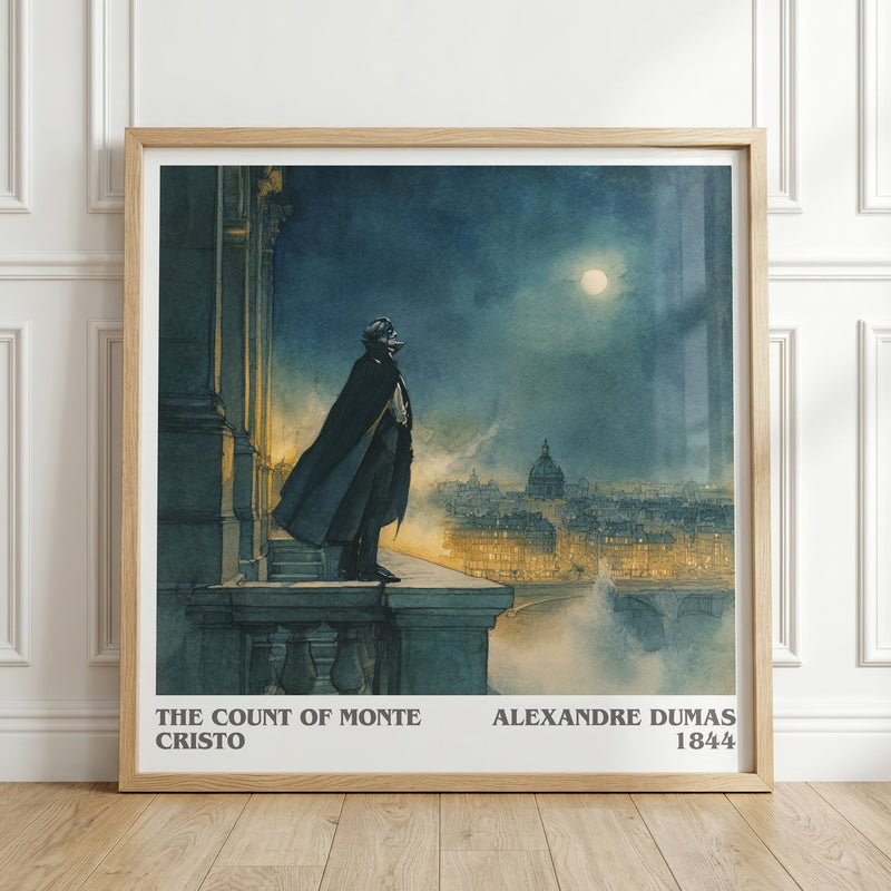 The Count of Monte Cristo literary print in frame leaning in hallway – classic literature wall art