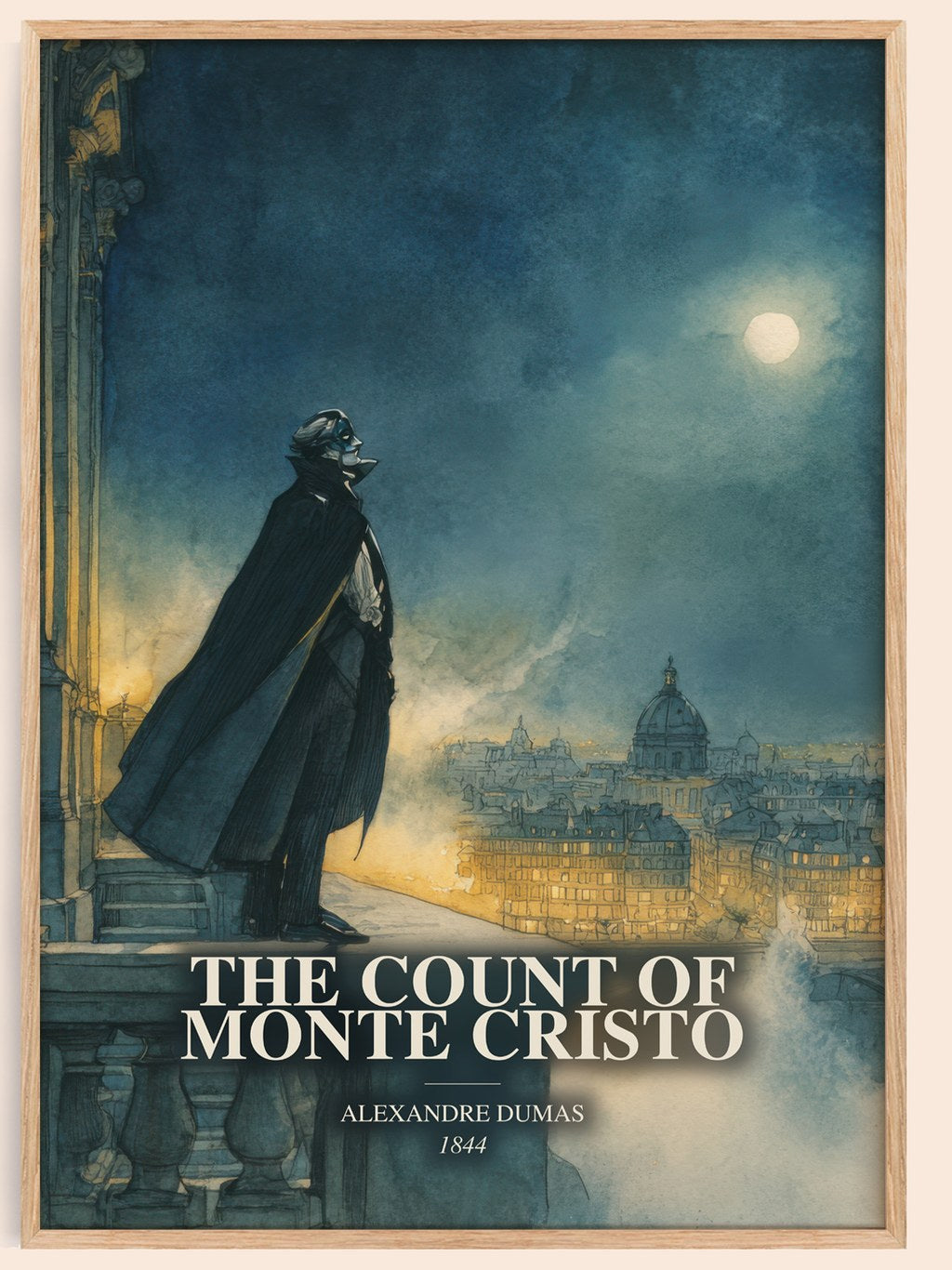 The Count Of Monte Cristo watercolour book poster by Alexandre Dumas – framed literary art print