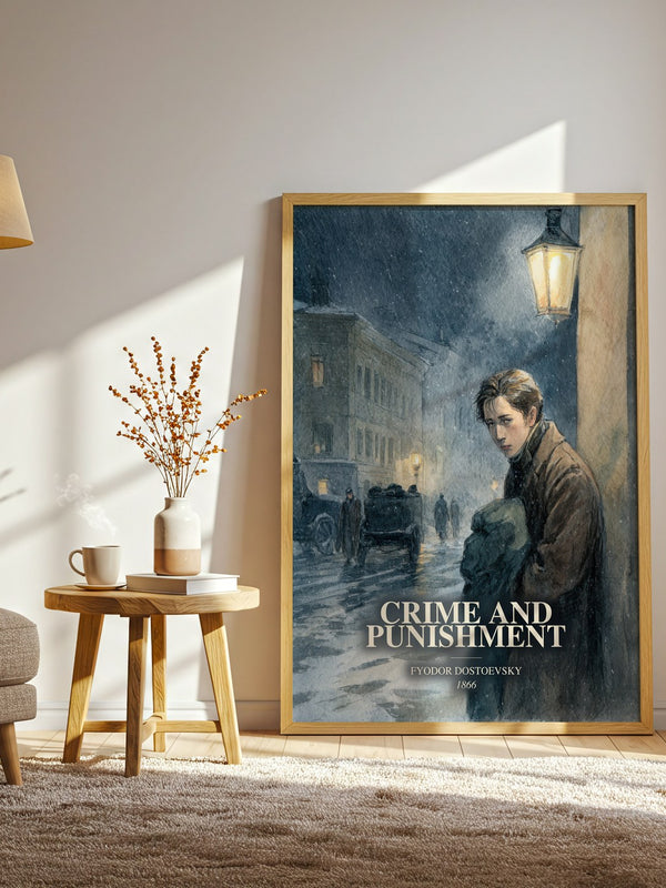 Crime And Punishment watercolour print in frame leaning in hallway – classic literature wall art