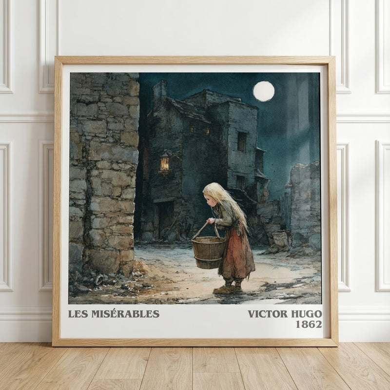 Les Misérables literary print in frame leaning in hallway – classic literature wall art