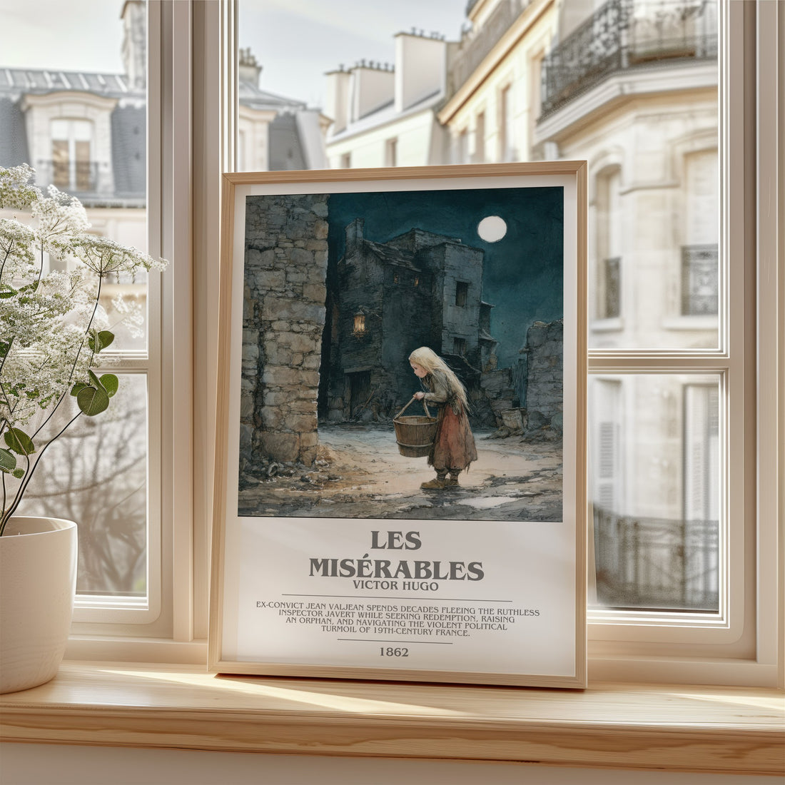 Les Misérables Bookish Wall Art by Victor Hugo – framed print by a bright window
