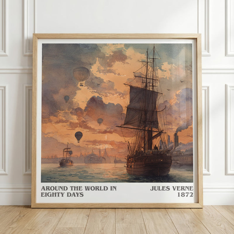 Around the World in Eighty Days literary print in frame leaning in hallway – classic literature wall art