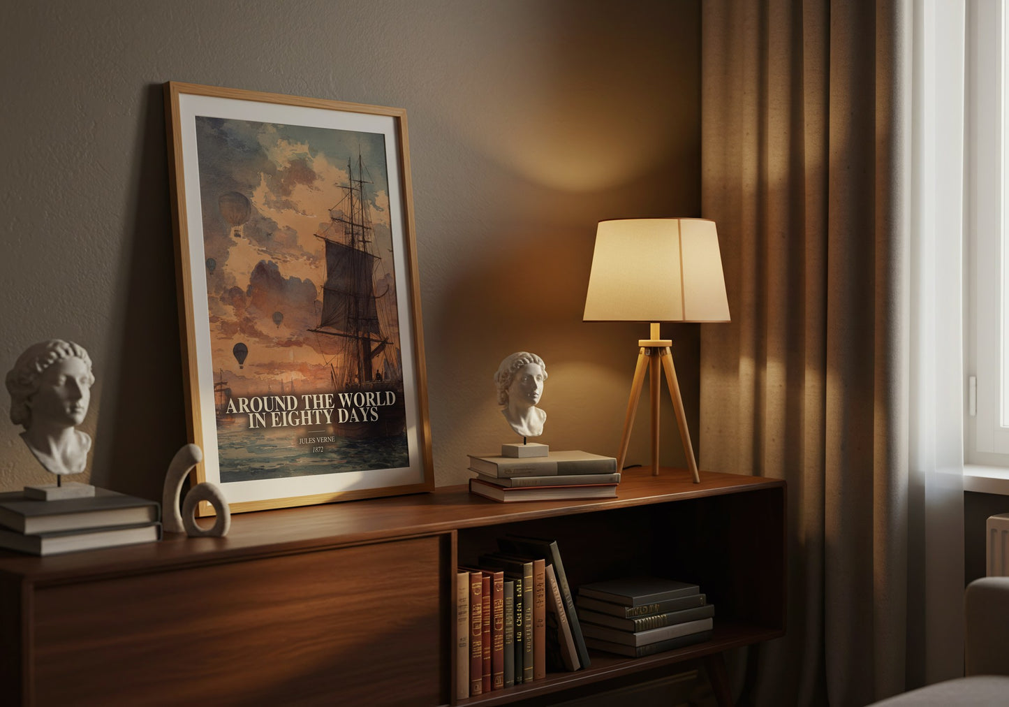 Around The World In Eighty Days watercolour print on bookshelf – Jules Verne fan gift