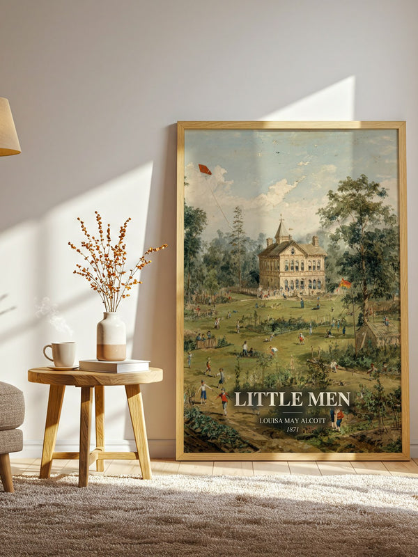 Little Men watercolour print in frame leaning in hallway – childrens wall art