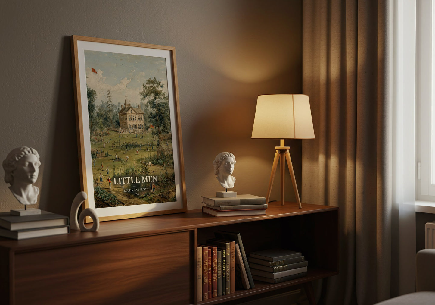 Little Men watercolour print on bookshelf – Louisa May Alcott fan gift