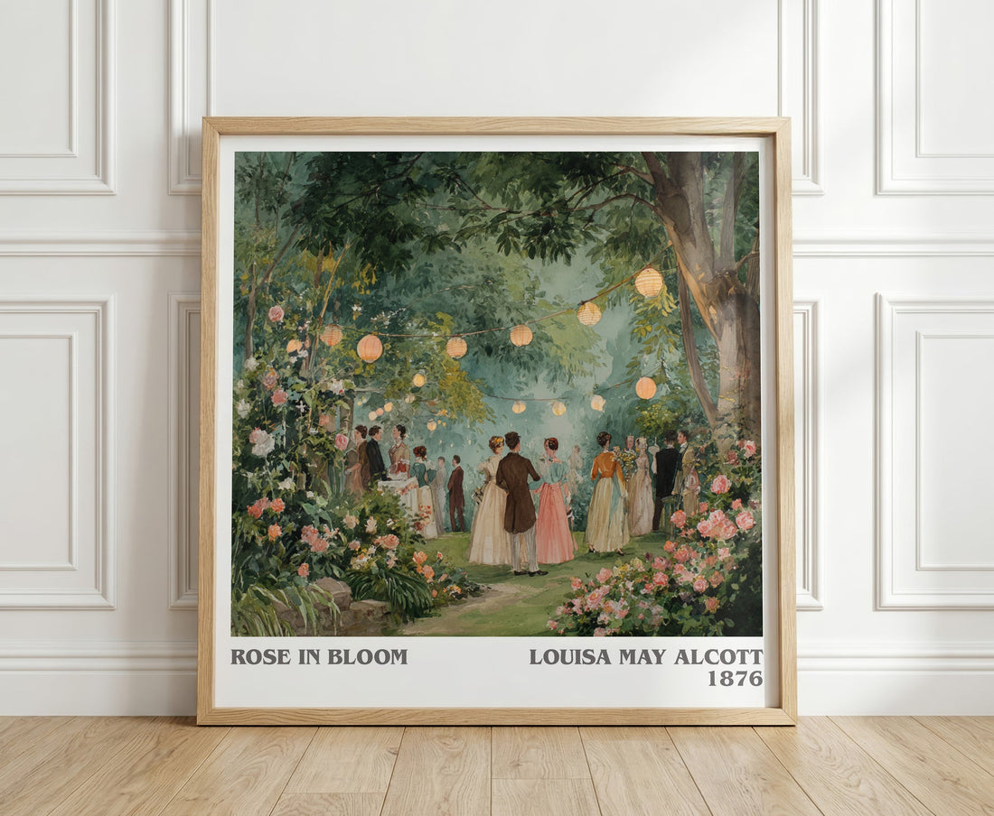 Rose In Bloom literary print in frame leaning in hallway – classic literature wall art (mockup)