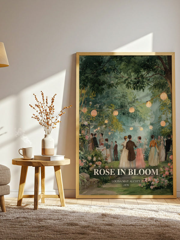 Rose In Bloom watercolour print in frame leaning in hallway – childrens wall art