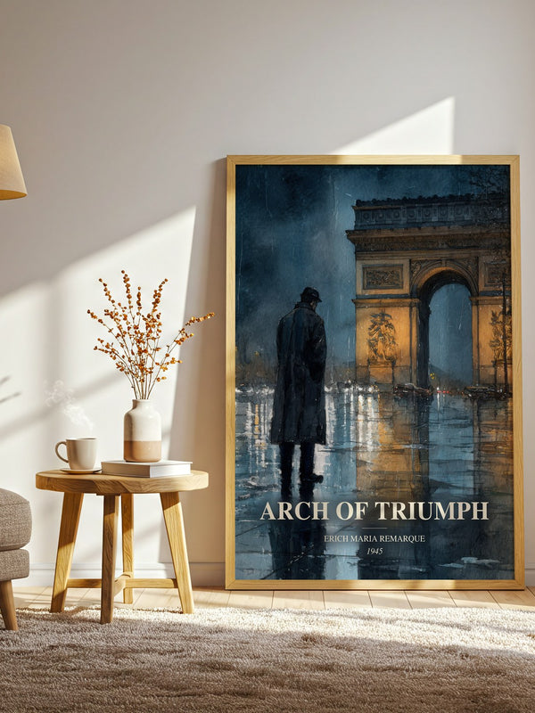 Arch Of Triumph watercolour print in frame leaning in hallway – historical fiction wall art