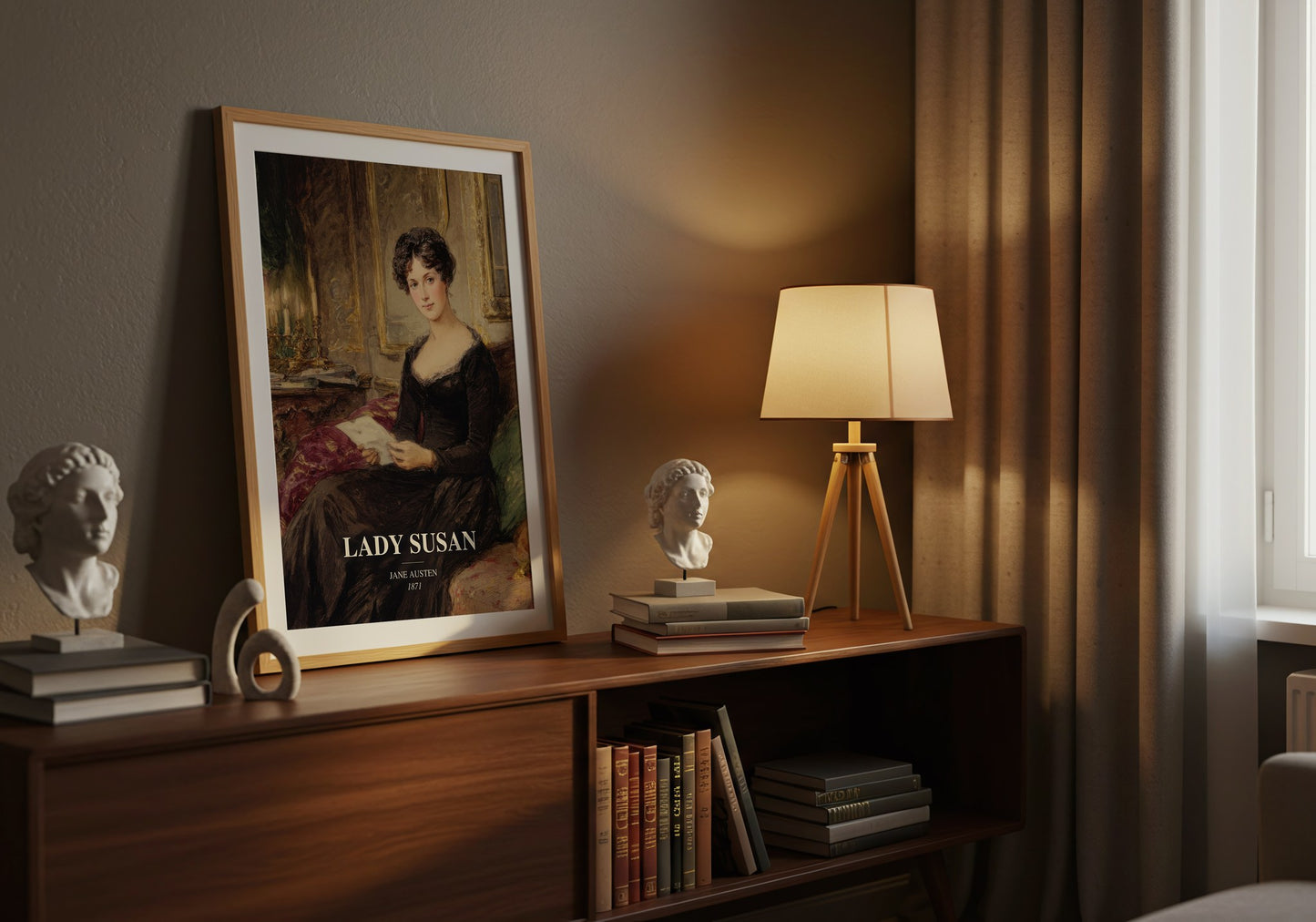 Lady Susan watercolour print on bookshelf – Jane Austen fan gift