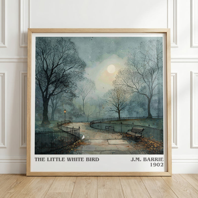 The Little White Bird literary print in frame leaning in hallway – classic literature wall art