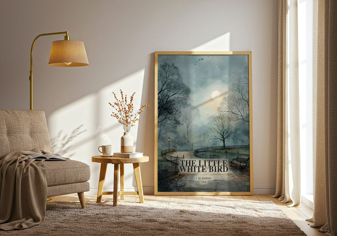 The Little White Bird watercolour print in frame leaning in hallway – childrens wall art (mockup)
