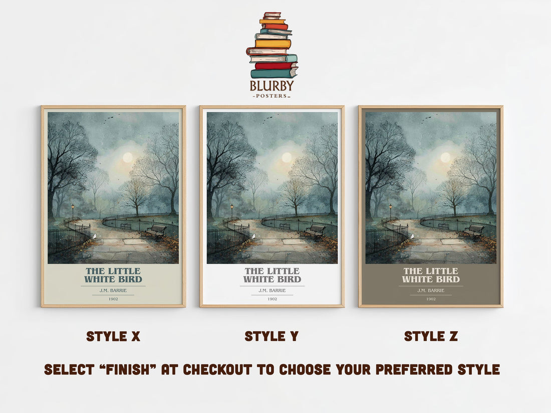 The Little White Bird book cover print in frame leaning in hallway – classic literature wall art (mockup)