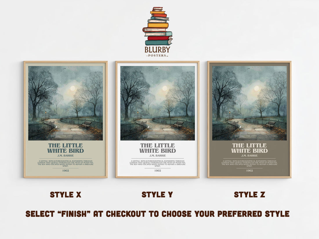 The Little White Bird bookish print in frame leaning in hallway – classic literature wall art (mockup)