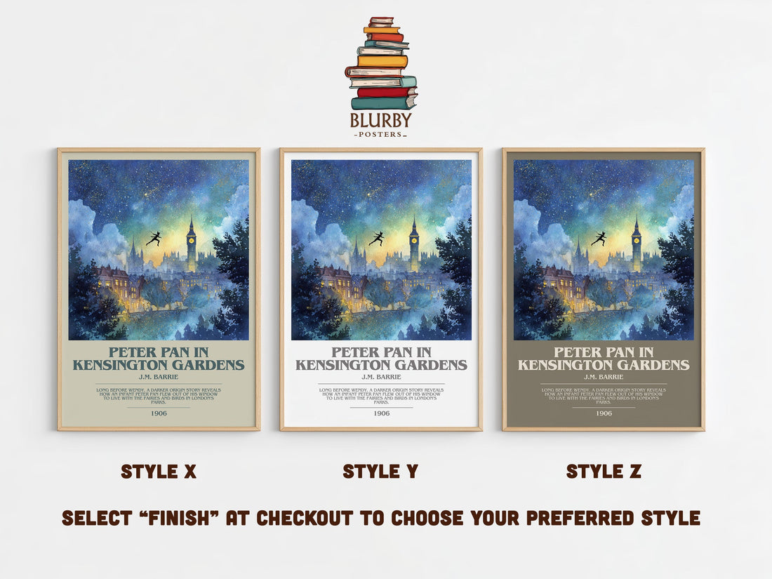 Peter Pan in Kensington Gardens bookish print in frame leaning in hallway – non fiction wall art (mockup)