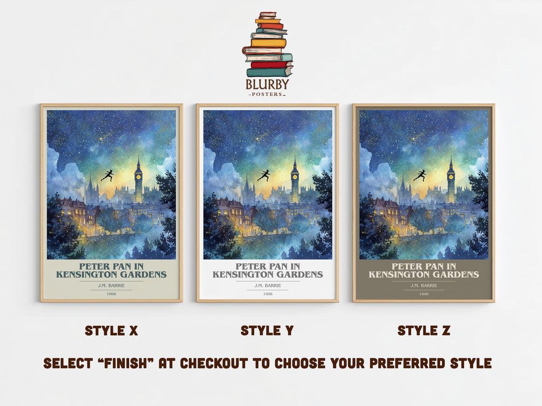 Peter Pan in Kensington Gardens book cover print in frame leaning in hallway – classic literature wall art (mockup)