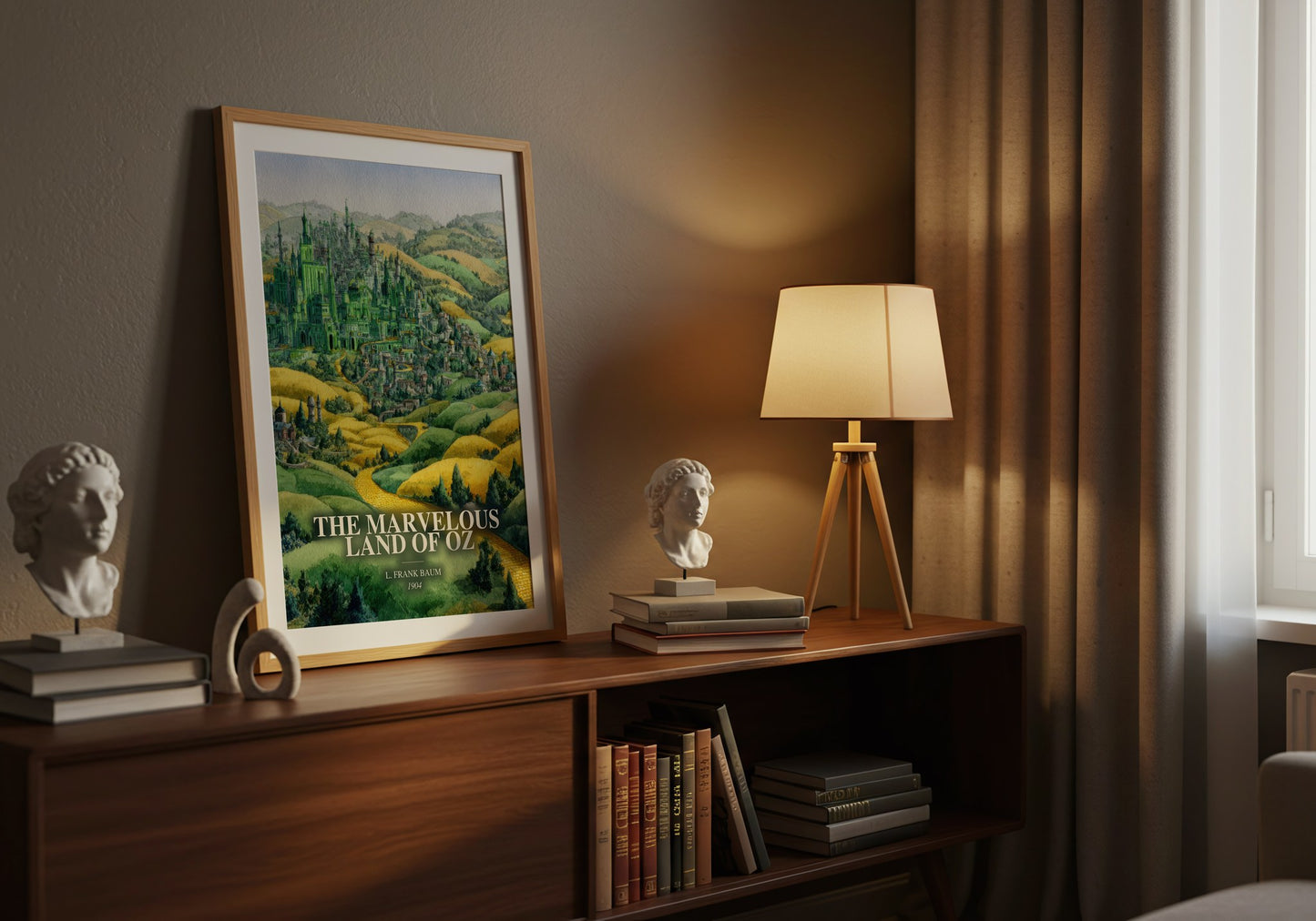 The Marvelous Land Of Oz watercolour print on bookshelf – L. Frank Baum fan gift