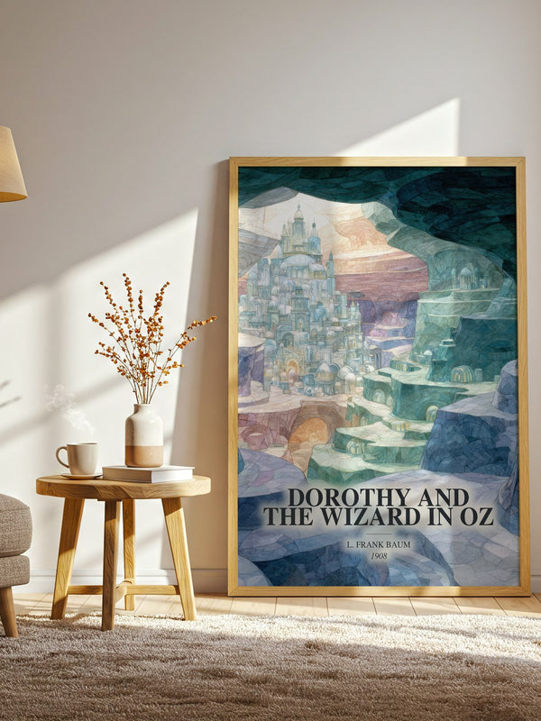 Dorothy And The Wizard In Oz watercolour print in frame leaning in hallway – childrens wall art