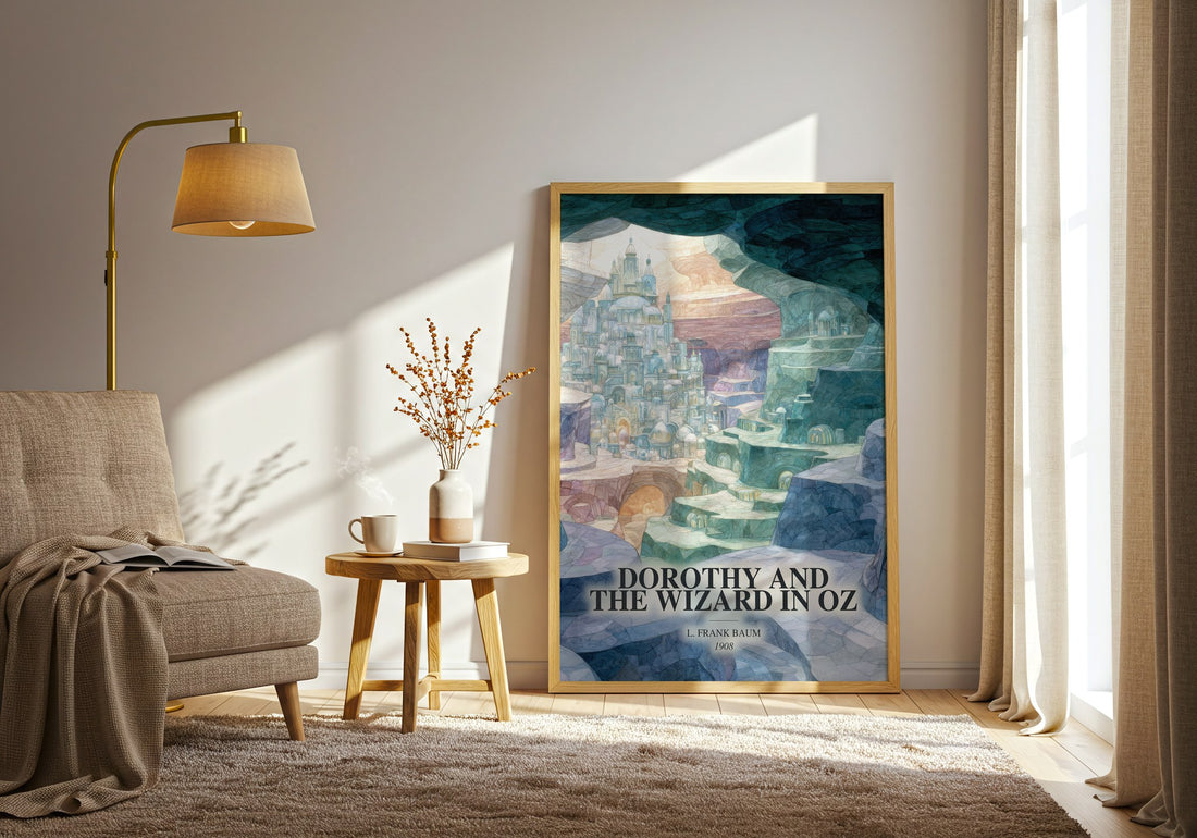 Dorothy And The Wizard In Oz watercolour print in frame leaning in hallway – childrens wall art (mockup)
